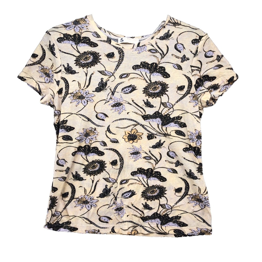 Ulla Johnson Blouse Top Womens Small Yellow Black Floral Short Sleeve Casual